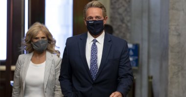 Former Republican senator from Arizona and nominee for ambassador to Türkiye, Jeff Flake (R), walks with his wife Cheryl Flake, on Capitol Hill in Washington, D.C., U.S., Oct. 19, 2021. (EPA Photo)