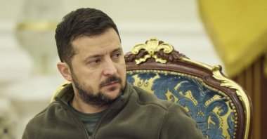 Ukrainian President Volodymyr Zelenskyy leads a meeting of the National Security and Defense Council, Kyiv, Ukraine, Sept. 30, 2022. (AP Photo)