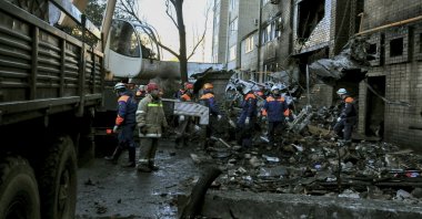 Russian rescuers clean the crash site of the Russian Su-34 bomber, Yeysk, Krasnodar Krai, Russia, Oct. 18, 2022. (EPA Photo)