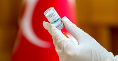 A vial of Turkish-developed COVID-19 vaccine TURKOVAC is seen in this photo.