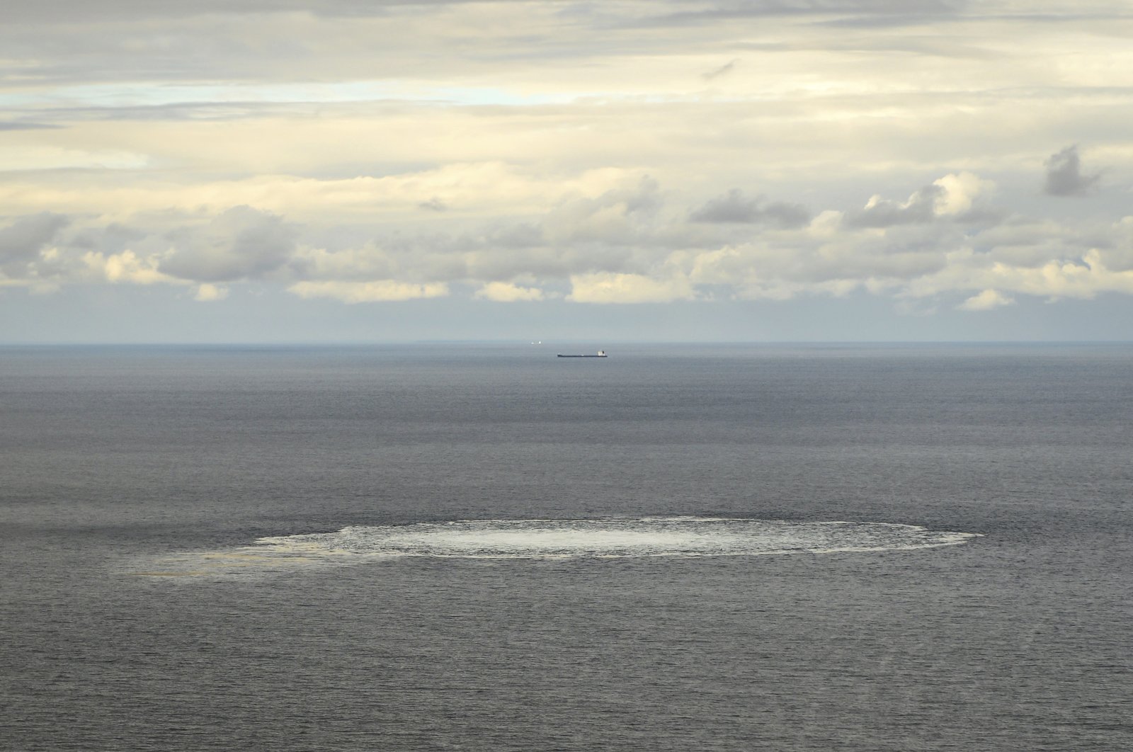 A view of the disturbance in the water above the Nord Stream gas leak in the Baltic Sea, Sept. 29, 2022. (Armed Forces of Denmark handout via AP)
