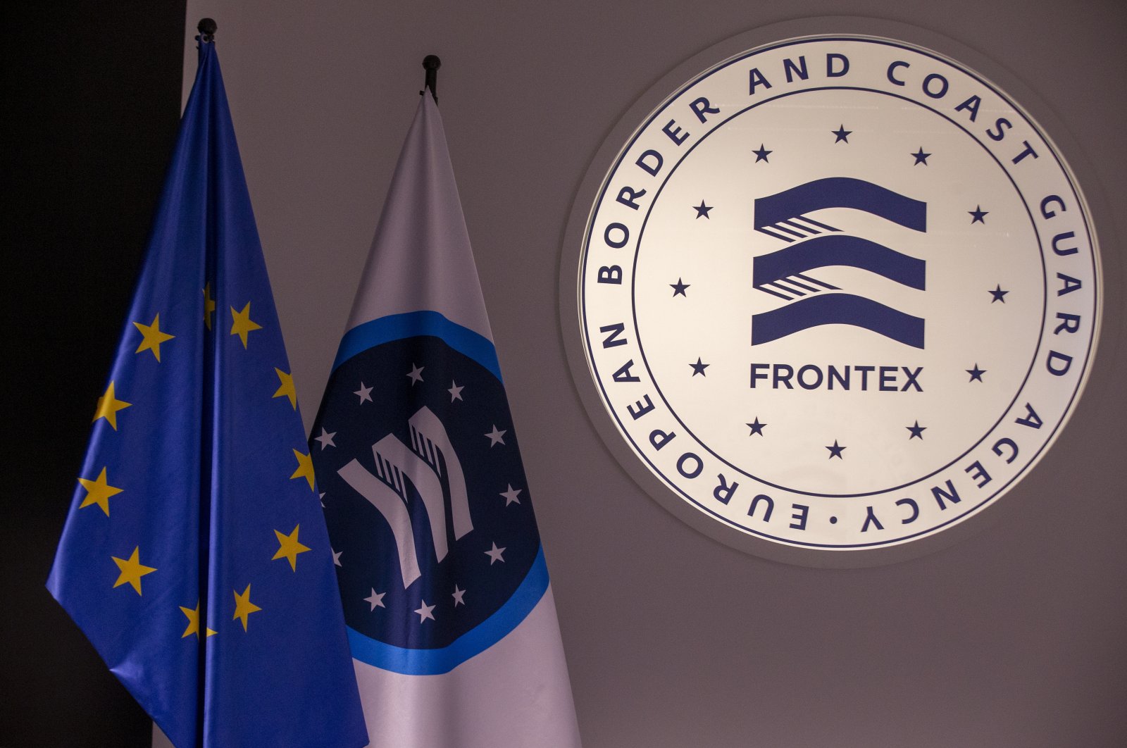 The Frontex logo pictured during a visit to Frontex operations, during a field visit to Poland, March 8, 2022. (Reuters Photo)