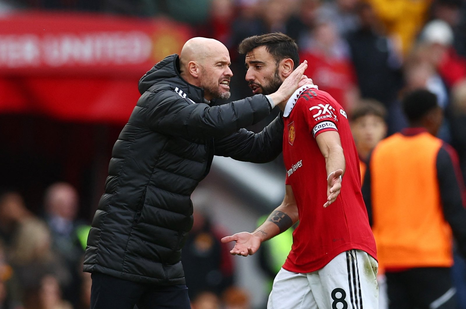 Manchester United manager Erik ten Hag reacts toward Bruno Fernandes during the Manchester United versus Newcastle United match at Old Trafford, Manchester, Britain, Oct. 16, 2022 (Reuters Photo)