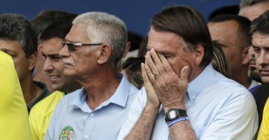 President of Brazil and candidate for reelection Jair Bolsonaro (R) and the mayor of Sao Gonçalo, Capitao Nelson, participate in a campaign event in Sao Gaonçalo, Rio de Janeiro, Brazil, Oct. 18, 2022. (EPA Photo)