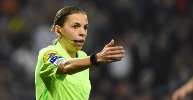 French referee Stephanie Frappart reacts during the French L1 football match Montpellier vs Lille at the Mosson stadium. Montpellier, Southern France, Feb. 12, 2022 (AFP Photo)