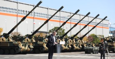Polish Ambassador to South Korea Piotr Ostaszewski delivers a congratulatory speech during a ceremony to roll out the first K9 self-propelled howitzer to be exported to Poland at Hanwha Defense Co. in Changwon, 301 kilometers southeast of Seoul, South Korea, Oct. 19, 2022. (EPA Photo)