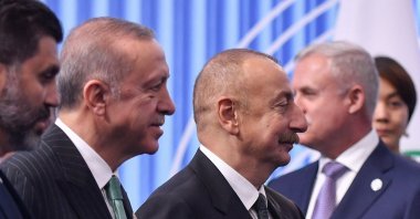 President Tayyip Erdoğan and Azerbaijan's President Ilham Aliyev take part in the 6th summit of the Conference on Interaction and Confidence-building Measures in Asia (CICA), in Astana, Kazakhstan Oct. 13, 2022.  REUTERS/Turar Kazangapov