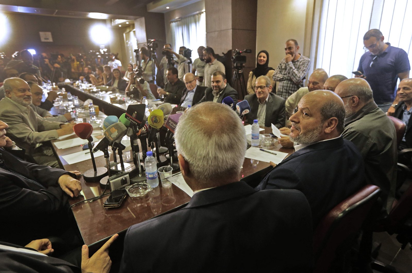 A general view shows the Palestinian Hamas delegation holding a press conference during a visit to the Syrian capital Damascus, Oct. 19, 2022. (AFP Photo)