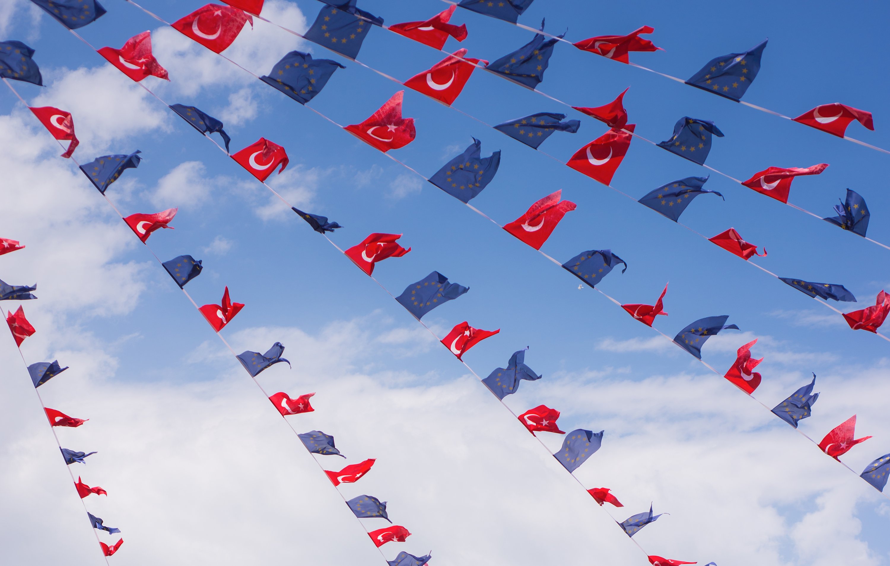 The flags of Türkiye and the European Union fly in the sky in Istanbul, Türkiye in this undated photo.  (Photo by Getty Images)
