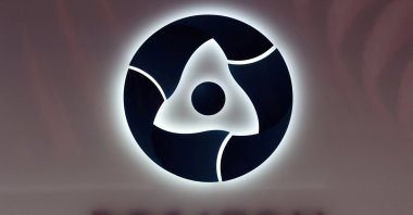 The logo of Russian state nuclear agency Rosatom at the St. Petersburg International Economic Forum (SPIEF) in St. Petersburg, Russia, June 16, 2022. (Reuters Photo)