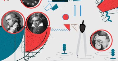 This illustration by Büşra Öztürk shows, from left to right, Friedrich Schiller, Ludwig van Beethoven and Mevlana Jalaluddin Rumi with a compass next to him in reference to Rumi's famous compass metaphor.