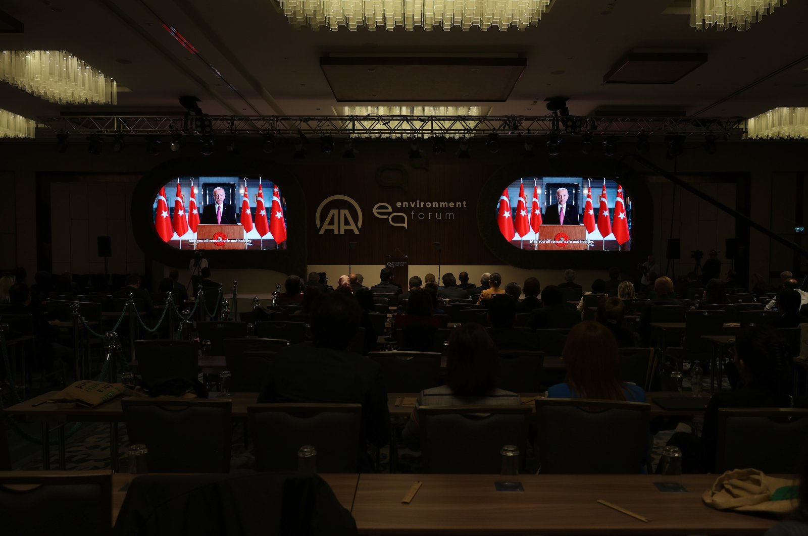 President Recep Tayyip Erdoğan speaks in a video message at the forum held in Istanbul, Türkiye, Oct. 20, 2022. (AA Photo)
