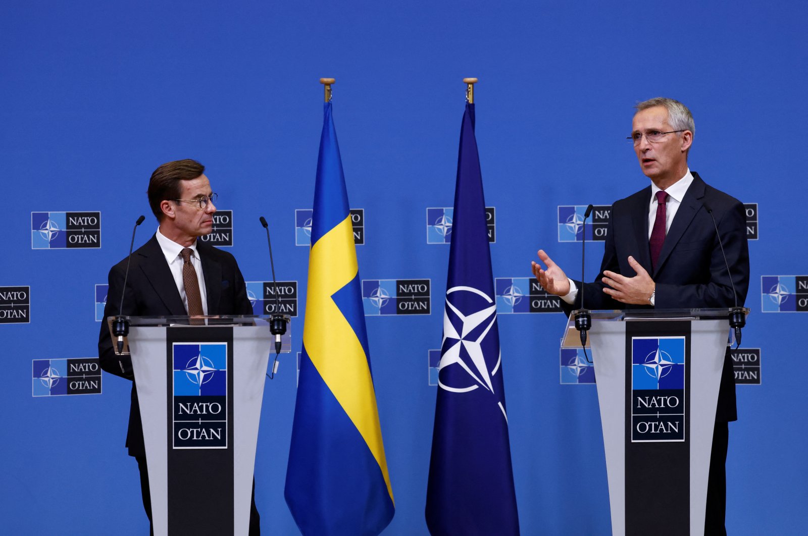 NATO Secretary General Jens Stoltenberg and Swedish Prime Minister Ulf Kristersson hold a news conference after a meeting at the alliance&#039;s headquarters in Brussels, Belgium, Oct. 20, 2022. (Reuters Photo)