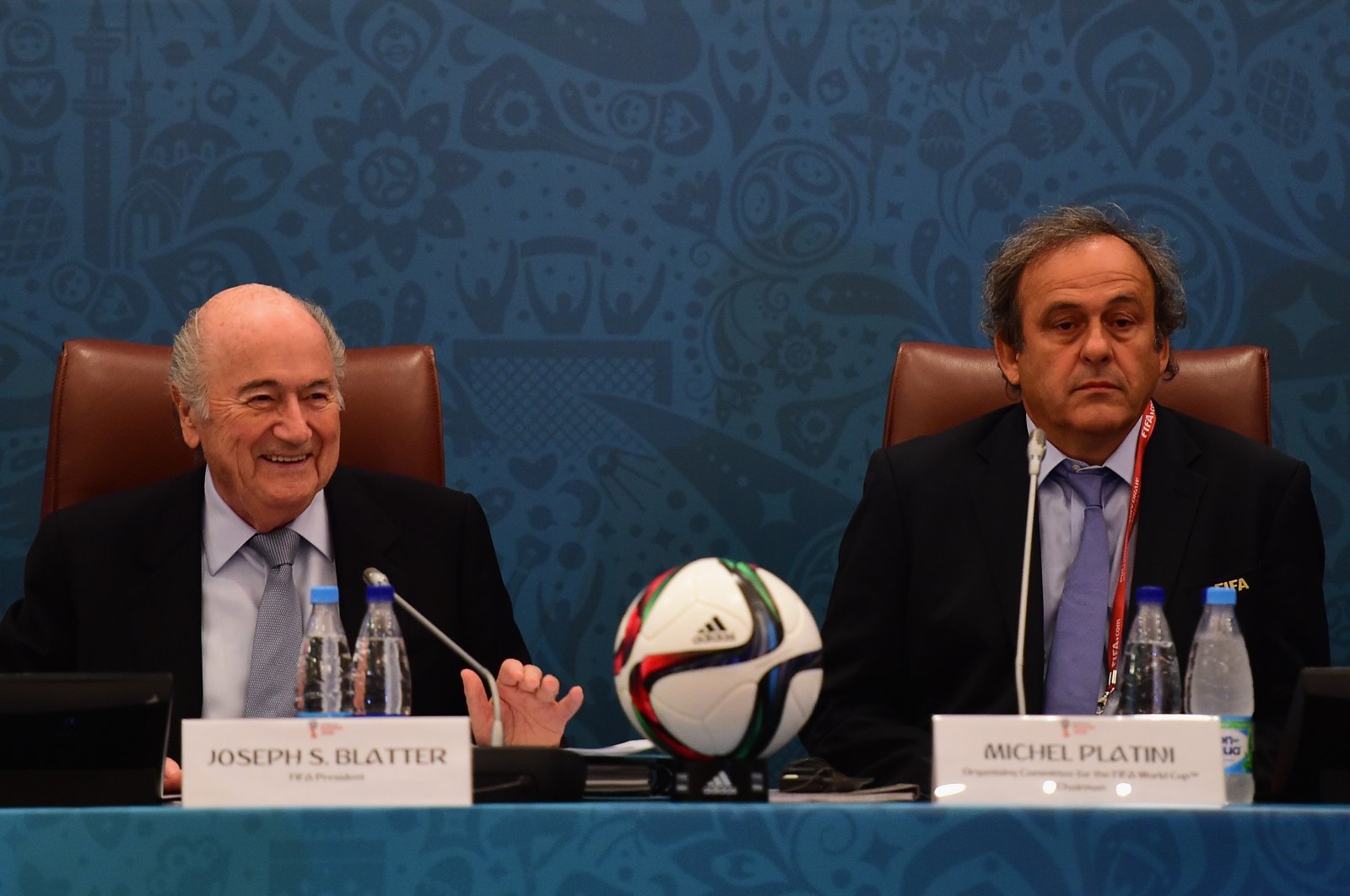 Former FIFA President Joseph S. Blatter and UEFA President Michel Platini look on during the Team Seminar ahead of the Preliminary Draw of the 2018 FIFA World Cup at the Corinthia Hotel. Saint Petersburg, Russia, July 25, 2015. (Getty Photo)