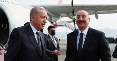 President Recep Tayyip Erdoğan and Azerbaijan's President Ilham Aliyev attend the opening of the Zangilan International Airport in the city of Zangilan, Azerbaijan, Oct. 20, 2022. (REUTERS)