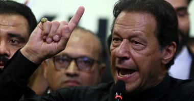 Former Pakistan PM Imran Khan (C) speaks during at an event in Karachi, Pakistan, Oct. 14, 2022. (EPA Photo)