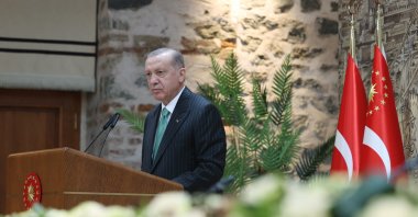 President Recep Tayyip Erdoğan speaks at a meeting in Istanbul, Türkiye, Oct. 21, 2022. (IHA Photo)