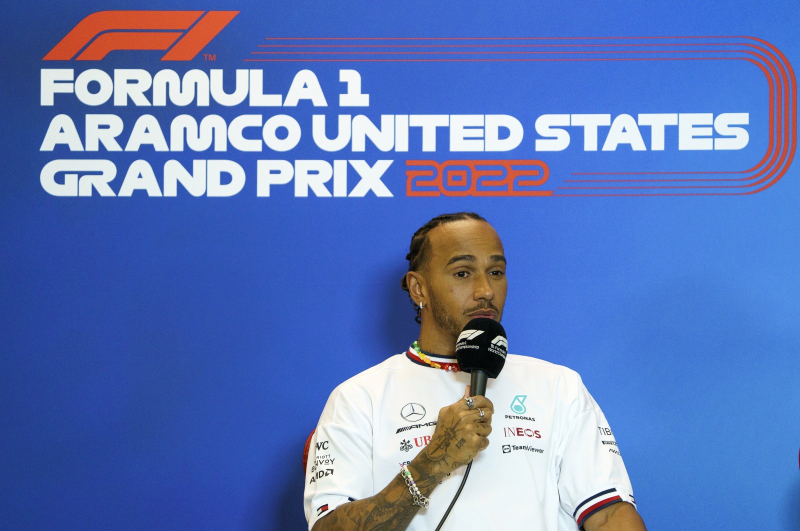 British Formula One driver Lewis Hamilton of Mercedes-AMG Petronas arrives for a press conference during the Formula One Grand Prix, Austin, Texas, U.S., Oct. 20, 2022. (EPA Photo)