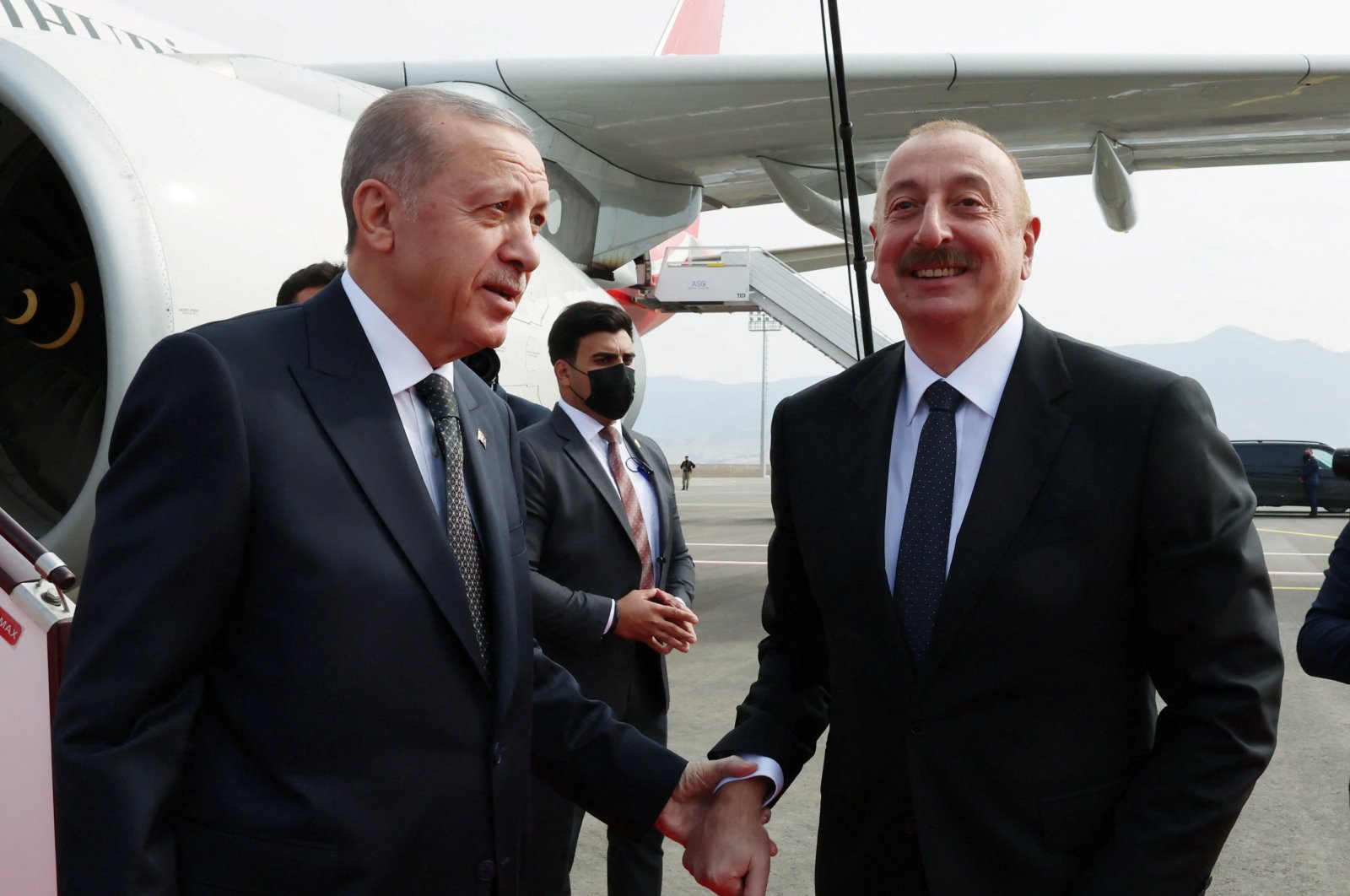 President Recep Tayyip Erdoğan and Azerbaijan&#039;s President Ilham Aliyev attend the opening of the Zangilan International Airport in the city of Zangilan, Azerbaijan, Oct. 20, 2022. (REUTERS)