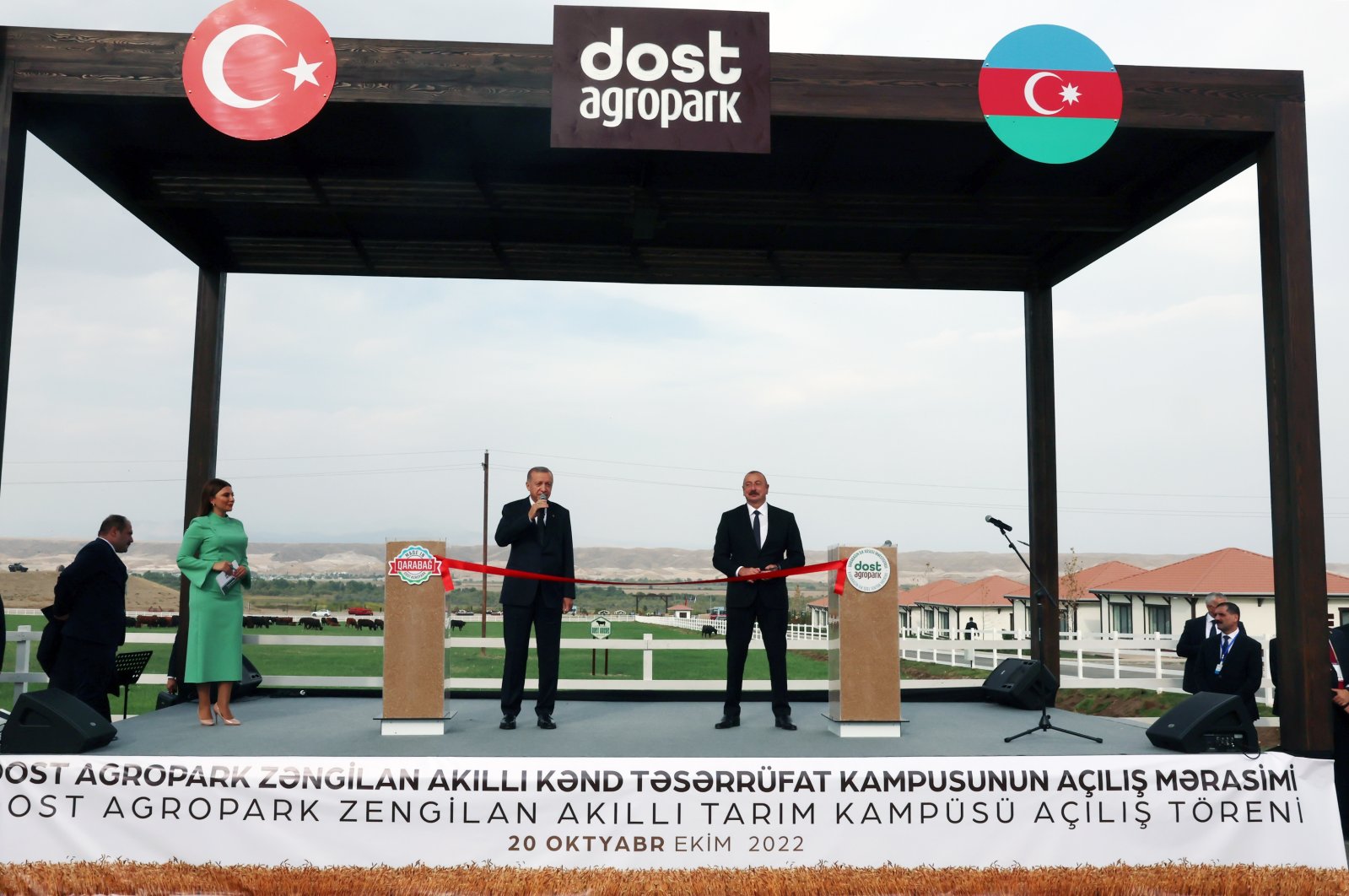 President Recep Tayyip Erdoğan (L) and Azerbaijani President Ilham Aliyev (R) are in the stage during the inauguration ceremony of Zangilan International Airport, Zangilan, Azerbaijan, Oct. 20, 2022. (AA Photo)