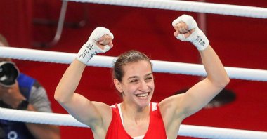 Turkish boxer Buse Naz Çakıroğlu celebrates her gold medal win at the 2022 European Championships, Budva, Montenegro, Oct. 22, 2022. (IHA Photo)