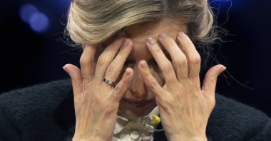 Ukrainian first lady Olena Zelenska gestures after an event organized by Brigitte magazine as part of the Frankfurt Book Fair, in Frankfurt, Germany, Oct. 22, 2022. (dpa via AP)
