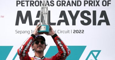 Ducati Lenovo&#039;s Francesco Bagnaia celebrates winning the Malaysian MotoGP, Sepang, Malaysia, Oct. 23, 2022. (Reuters Photo)