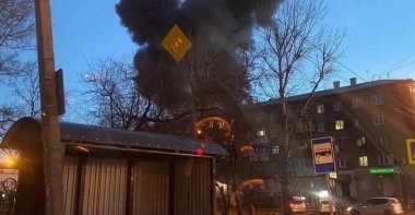 This photo taken from Twitter reportedly shows plumes of smoke rising from the crash site in Irkutsk, Russia, Oct. 23, 2022.