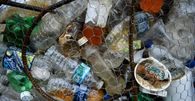 Plastic trash is used to make a sign in Anacostia Park in Washington, U.S., March 21, 2019. (AFP Photo)