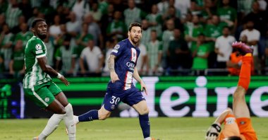 Dylan Batubinsika of Maccabi Haifa, Lionel Messi of Paris Saint Germain  during the UEFA Champions League  match between Maccabi Haifa and Paris Saint Germain at the Sammy Ofer stadium, Haifa, Israel, Sept. 14, 2022. (Getty Photo)