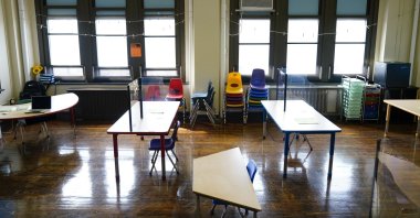 Desks are spaced apart ahead of planned in-person learning at an elementary school on March 19, 2021, in Philadelphia. (AP File Photo)