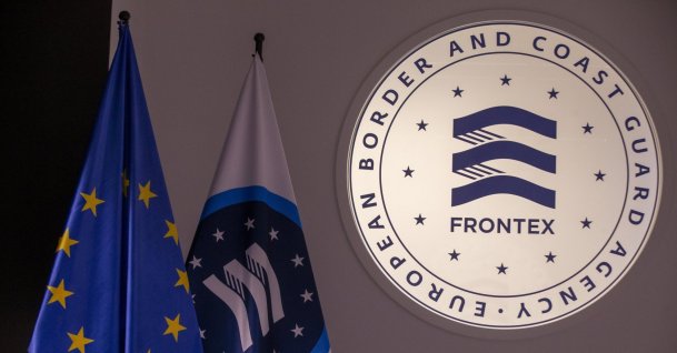 The Frontex logo is pictured during a field visit to its operations in Poland, March 8, 2022. (Reuters Photo)