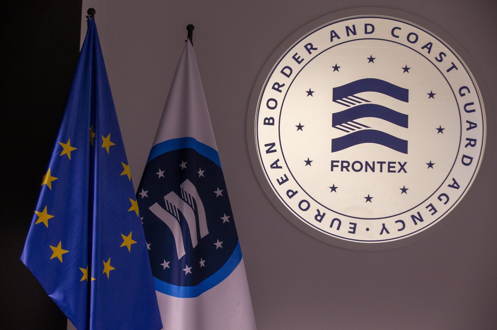 The Frontex logo is pictured during a field visit to its operations in Poland, March 8, 2022. (Reuters Photo)