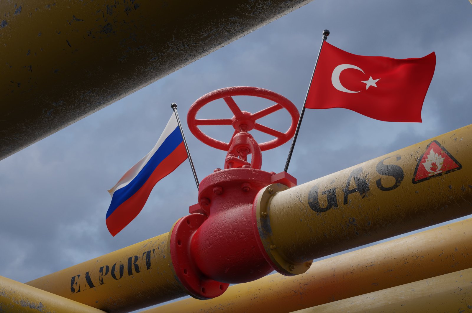 Illustration shows the gas pipeline with the flags of  Türkiye and Russia. (ShutterStock Photo)