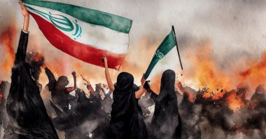 An illustration of people waving Iranian flags. (Shutterstock Photo)