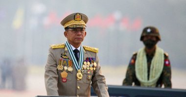 Myanmar's junta chief Senior General Min Aung Hlaing, who ousted the elected government in a coup on Feb. 1, 2021, presides over an army parade on Armed Forces Day, Naypyitaw, Myanmar, March 27, 2021. (Reuters Photo)