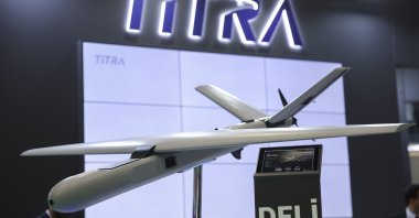 A model of Titra Technology's new kamikaze UAV, Deli, is on display at the SAHA Expo in Istanbul, Türkiye, Oct. 25, 2022. (AA Photo)
