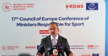 Sports Minister Mehmet Kasapoğlu talks to the media on the European sport ministers conference, Antalya, Türkiye. Oct. 25, 2022. (DHA Photo)