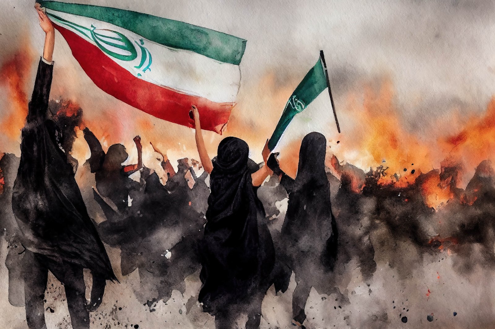 An illustration of people waving Iranian flags. (Shutterstock Photo)
