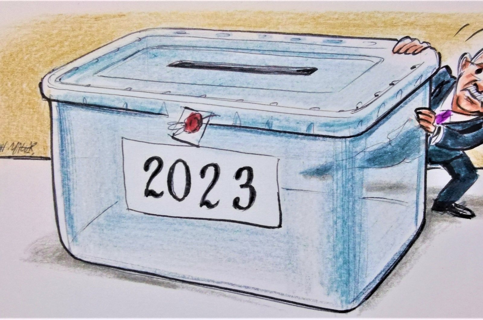 An illustration of the Republican People’s Party (CHP) Chairperson Kemal Kılıçdaroğlu hiding behind the ballot box for 2023 general elections in Türkiye. (Illustration  by Erhan Yalvaç)