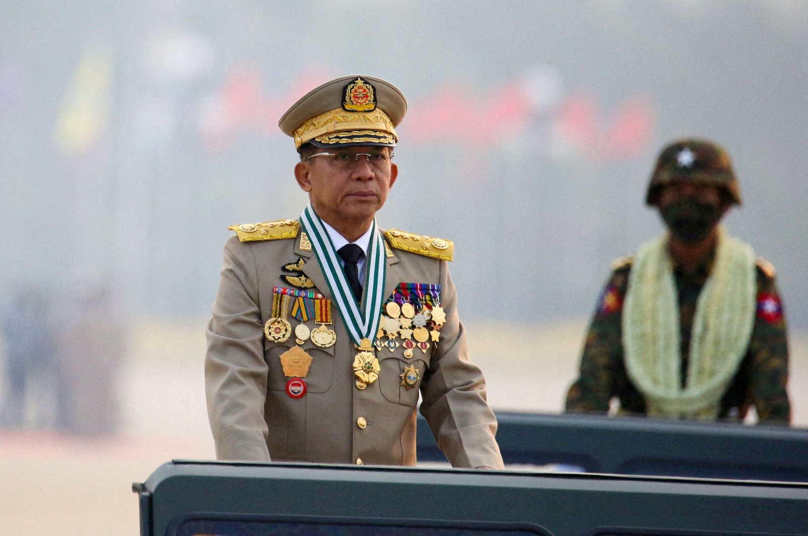 Myanmar&#039;s junta chief Senior General Min Aung Hlaing, who ousted the elected government in a coup on Feb. 1, 2021, presides over an army parade on Armed Forces Day, Naypyitaw, Myanmar, March 27, 2021. (Reuters Photo)