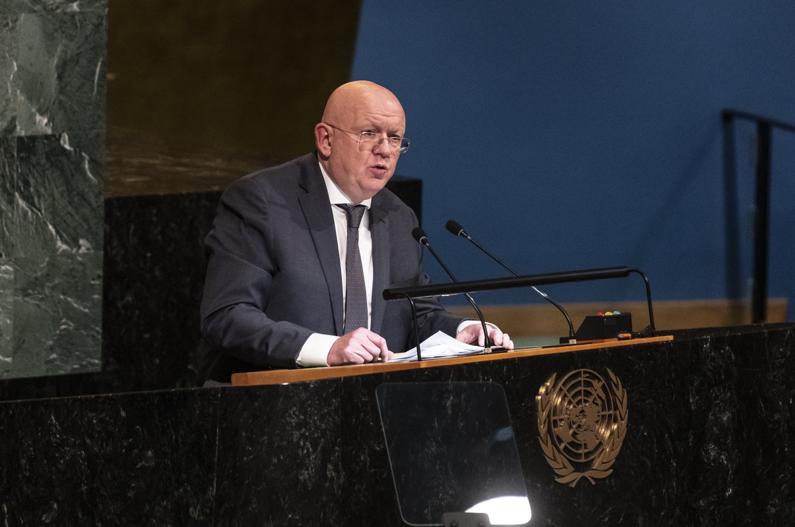 Permanent Representative to the United Nations, Ambassador Vassily Nebenzia of the Russian Federation speaks during U.N. General Assembly in New York, U.S., Oct. 10, 2022. (Getty Images Photo)
