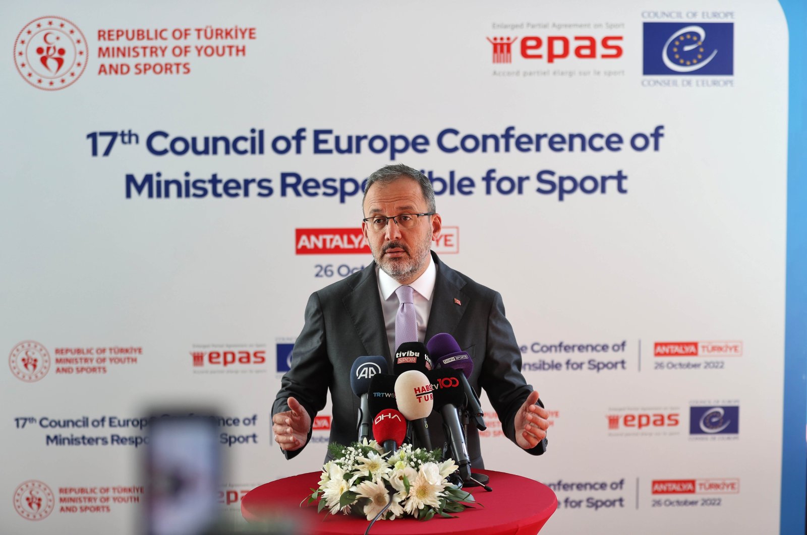Sports Minister Mehmet Kasapoğlu talks to the media on the European sport ministers conference, Antalya, Türkiye. Oct. 25, 2022. (DHA Photo)