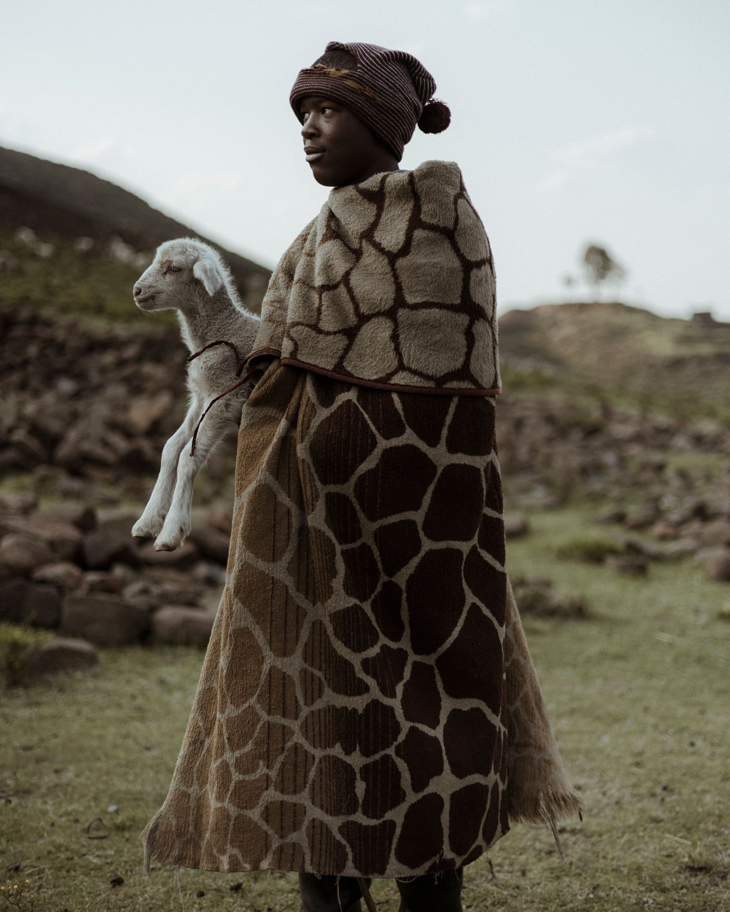 Phakiso, 17, membawa seekor domba saat menggembalakan kawanan domba keluarganya di Semonkong, sebuah kota terpencil di pegunungan Maluti, Lesotho, 14 Oktober 2022. (AFP Photo)