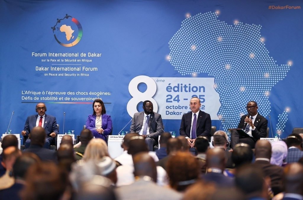 Foreign Minister Mevlüt Çavuşoğlu (2nd R) speaks at the 8th Dakar International Forum in Dakar, Senegal, Oct. 25, 2022. (IHA Photo)