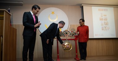 Presidency for Turks Abroad and Related Communities (YTB) head Abdullah Eren (L) and Deputy Foreign Minister Sedat Önal (C) are seen at the opening of ASEAN week in Ankara, Türkiye, Oct. 25, 2022. (AA Photo)