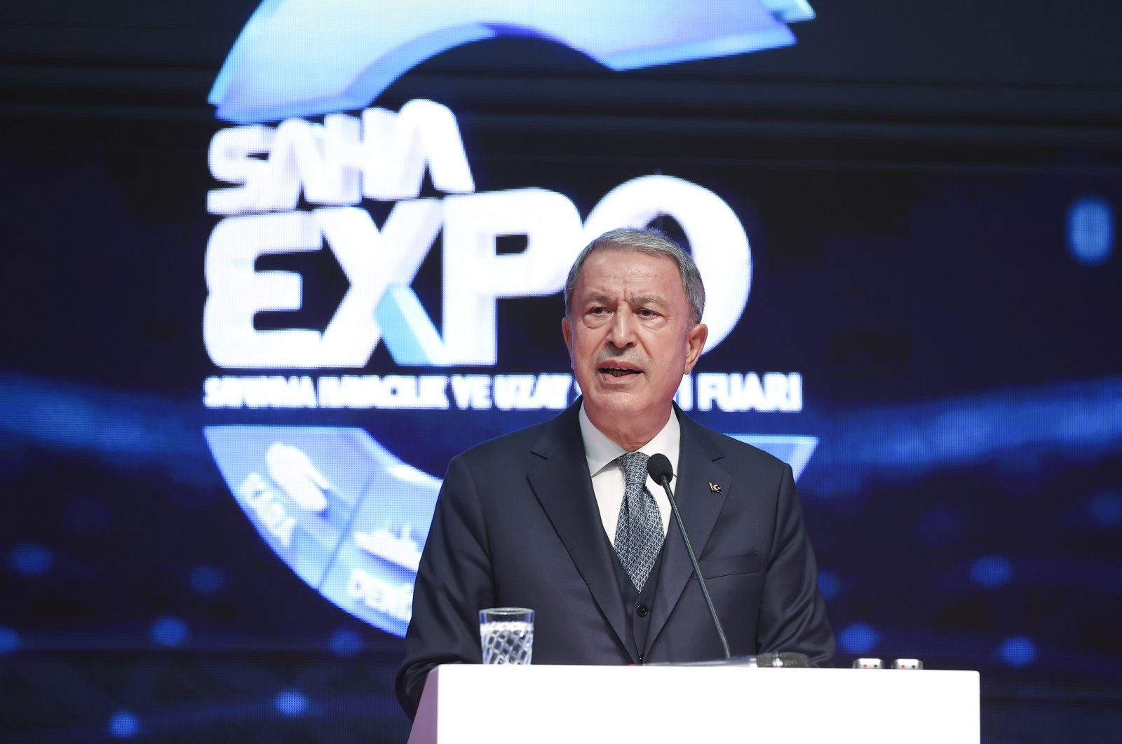 Defense Minister Hulusi Akar is seen at the SAHA Expo in Istanbul, Türkiye, Oct.25, 2022 (AA Photo)