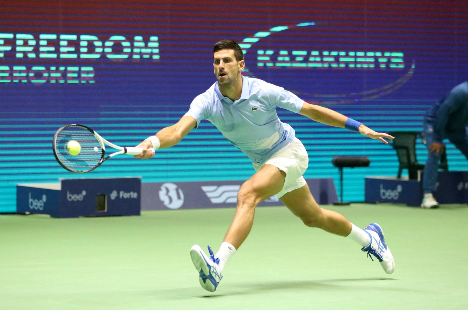 Serbia&#039;s Novak Djokovic in action during the men&#039;s singles final against Greece&#039;s Stefanos Tsitsipas during the ATP 500, Astana Open at the National Tennis Center in Astana, Kazakhstan, Oct. 9, 2022. (Reuters Photo)