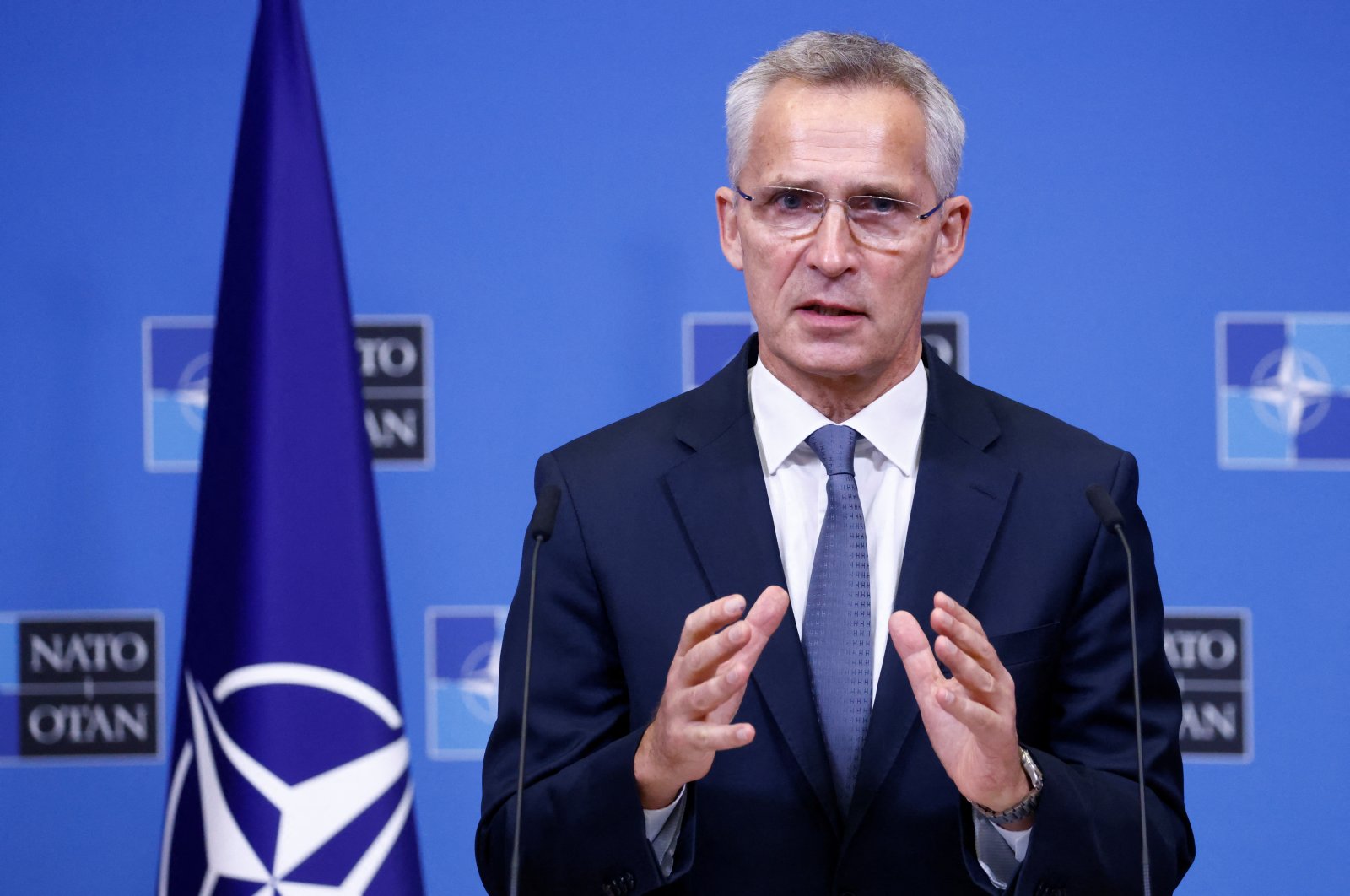 NATO Secretary-General Jens Stoltenberg attends a joint news conference with Romanian Prime Minister Nicolae Ciuca at the Alliance&#039;s headquarters in Brussels, Belgium, Oct. 26, 2022. (REUTERS Photo)