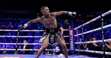 Conor Benn celebrates after victory in the WBA Continental Welterweight Title fight between Conor Benn and Chris Van Heerden at AO Arena, Manchester, England, April 16, 2022. (Getty Images Photo)